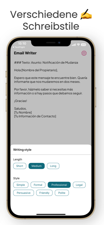 Auswahl von Schreibstil und Länge in der Email Writer App