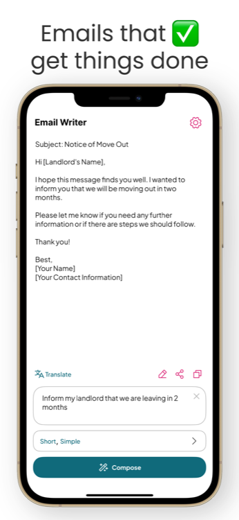 A short, simple email generated from a one-line prompt in Email Writer