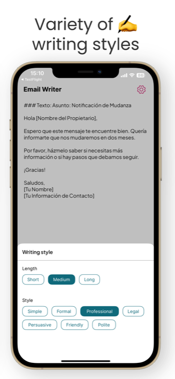 Choosing writing style and length in the Email Writer app