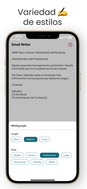 Selección del estilo de escritura y la longitud en la app Email Writer