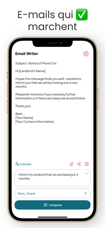 Un e-mail court et simple généré à partir d'une consigne d'une ligne dans Email Writer