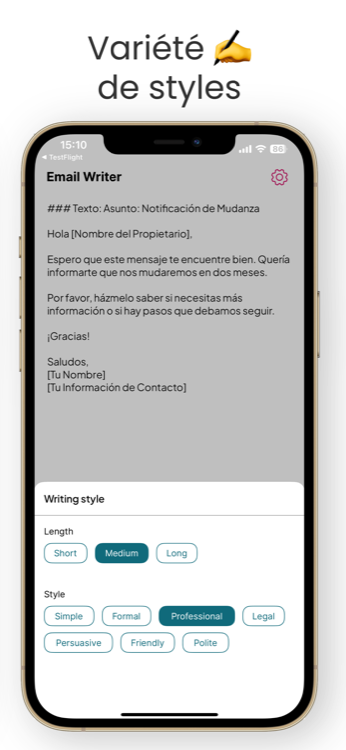 Choix du style d'écriture et de la longueur dans l'app Email Writer